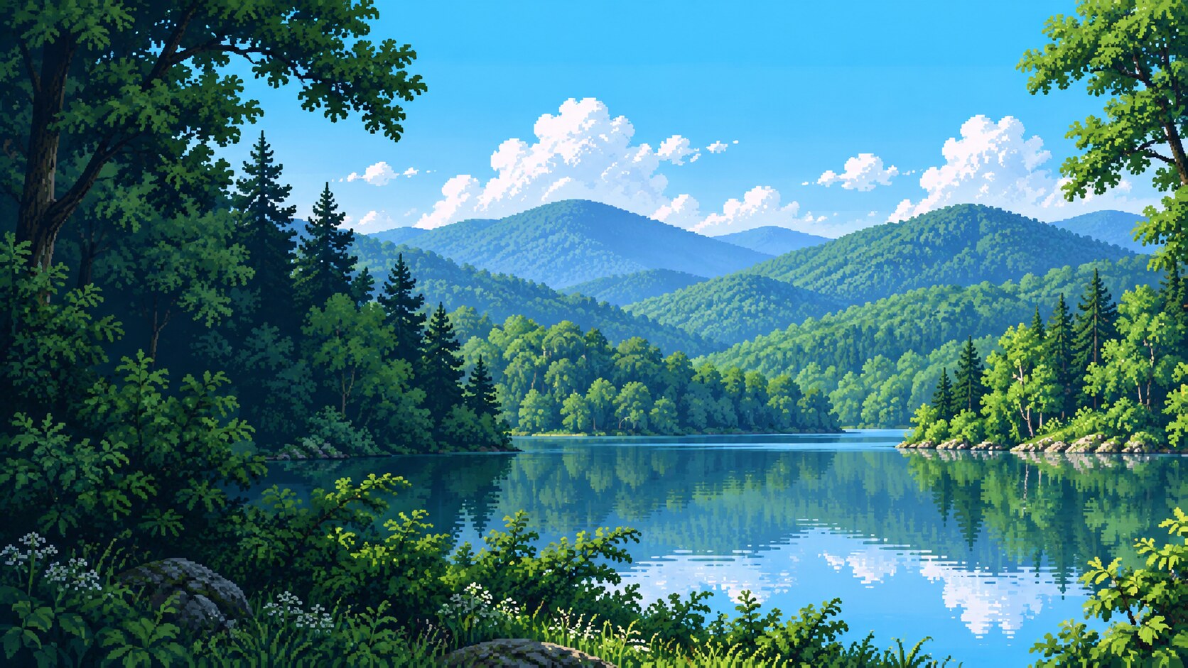 A daytime pixel-art Appalachian lake surrounded by forested mountain ridges
